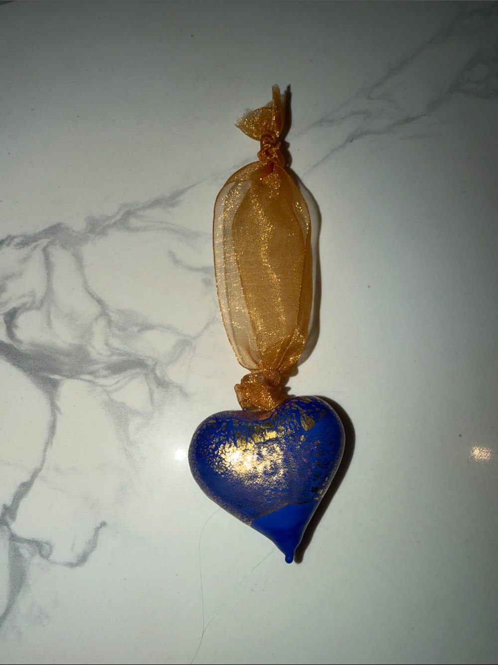 Murano Blue Hand-Blown Glass Heart w Macchia & 24 KT Gold Patina Ornament